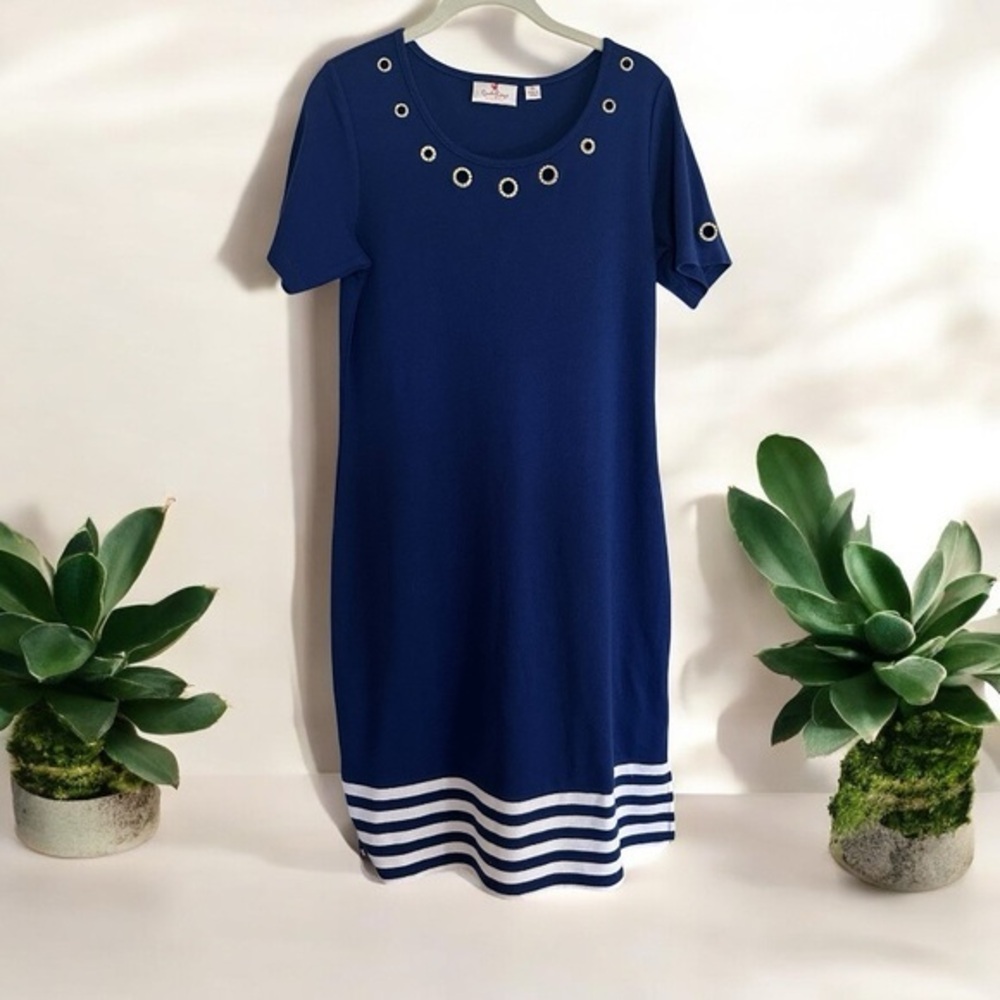 Quacker Factory Blue White Size XS Short Sleeve Striped Hem Knit Dress Grommets